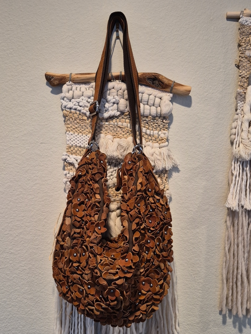 Genuine Leather 3D Silver Tone Studded Flower Detail Shoulder Crossbody Boho Bag